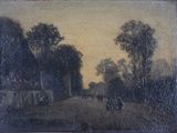 tableau représentant des personnes marchant sur un chemin de terre, avec des arbres en arrière-plan