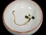 a white bowl with a brown rim and a black flower on it