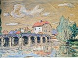 dessin représentant un tableau d'un pont surplombant une rivière, avec un bâtiment en arrière-plan
