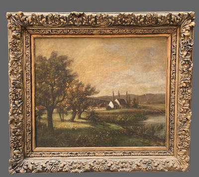 an oil painting of a farm scene with a white house in the distance