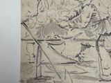 drawing of a man sitting on a chair in front of a painting