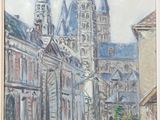 une peinture à l'huile représentant une rue de la ville avec une église en arrière-plan