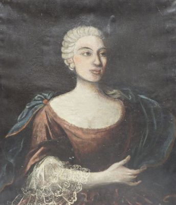 an old painting of a woman in a red dress with a blue shawl
