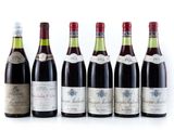 six bouteilles de vin sont alignées sur une surface blanche