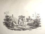 a drawing of a man and a woman in the woods