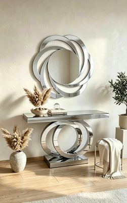 une table sur laquelle se trouvent un miroir et un vase