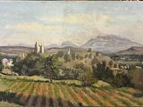 une peinture à l'huile d'un paysage avec des montagnes en arrière-plan