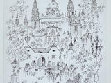une image représentant un dessin d'une ville avec de nombreux bâtiments