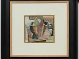 painting of a basket of fruit and a bottle of wine on a table