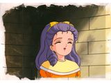 cartoon of a woman with purple hair and a yellow shirt