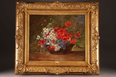 an oil painting of flowers in a vase on a table