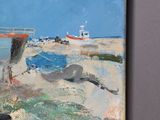a painting of a beach scene with boats on the water