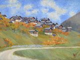 un tableau représentant un village situé sur une colline, avec un chemin de terre