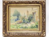un vieux tableau représentant un jardin avec une maison en arrière-plan