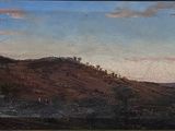un tableau représentant un paysage de montagne avec des chevaux au premier plan