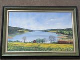painting of a lake with a house and trees in the foreground
