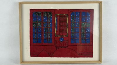 painting of a red room with blue windows and a red door