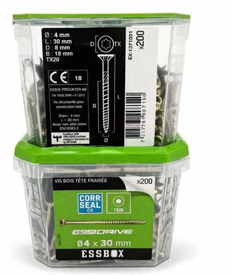 deux récipients en plastique contenant des vis, sur fond blanc