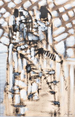 an image of a painting of a man sitting on a bench