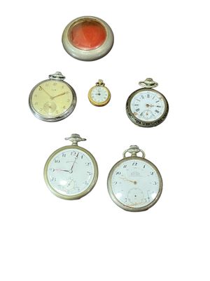 five different types of pocket watches on a white background