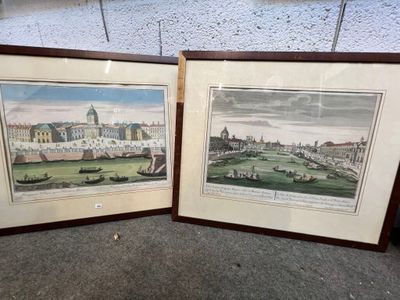 PARIS - 2 vues panoramiques, gravures réhaussées en pochoir.