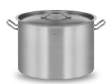 a large stainless steel pot with a lid on a white background