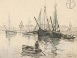 a drawing of a man in a row boat in the water