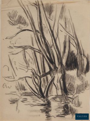 an image of a black and white drawing of a tree by a body of water