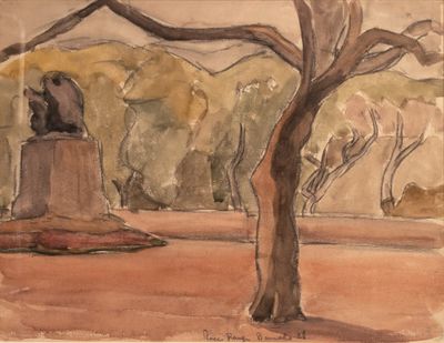 a painting of a statue in the middle of a park
