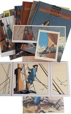 un assortiment de livres et de cartes postales représentant un homme sur un bateau