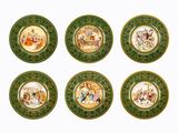 six assiettes vertes et dorées sur lesquelles figurent les portraits d'un homme et d'une femme