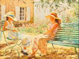 painting of two women sitting on a bench in a garden