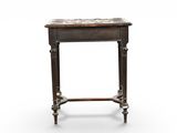 an old wooden table with a marble top on a white background