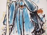 a drawing of a man in a blue robe holding a staff