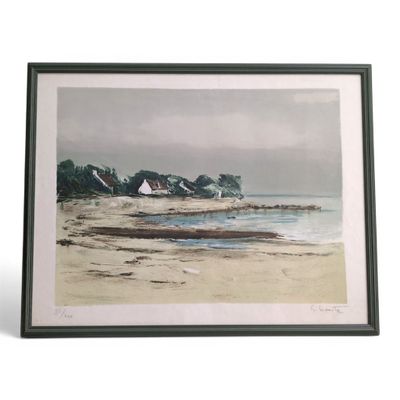 painting of a beach scene with a house and a boat in the water