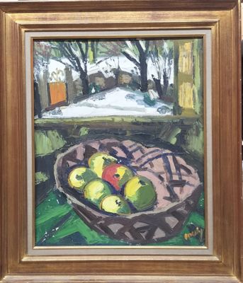 une peinture à l'huile représentant des pommes dans un panier posé sur une table