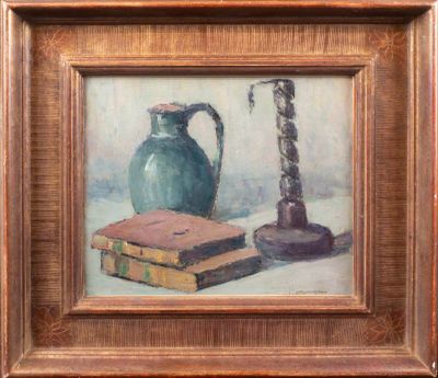 un tableau représentant un vase et un livre posés sur une table