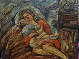 une peinture représentant une femme tenant un bébé dans ses bras