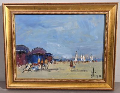 une peinture à l'huile représentant une scène de plage, dans un cadre doré