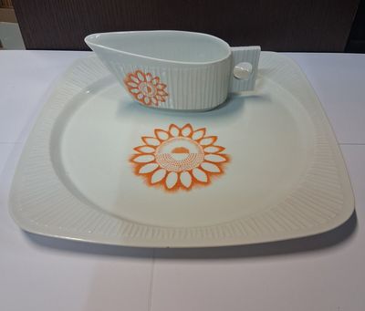 une assiette blanche sur laquelle sont posés une soucoupe et un bol