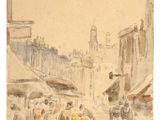 dessin représentant une scène de rue avec des passants et une tour horloge en arrière-plan