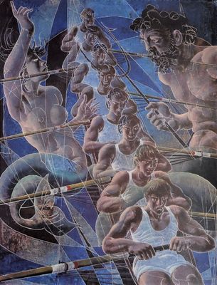 un tableau représentant un groupe d'hommes sur un bateau
