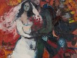 an image of a painting of a bride and groom on a red background