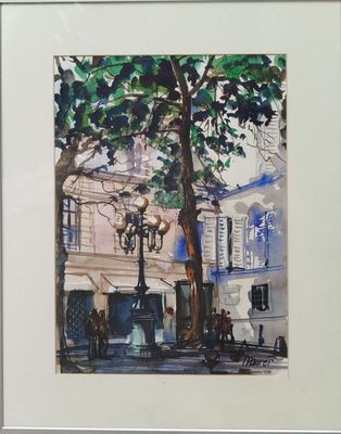 une aquarelle représentant une scène de rue avec un lampadaire