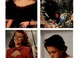 four different pictures of a woman in a red dress and a man in a black shirt
