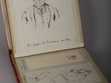 an open book with a drawing of a man in a suit and tie