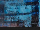abstract painting of a man with a blue umbrella in front of a brick wall