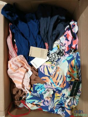 a box full of clothes that is sitting on the floor