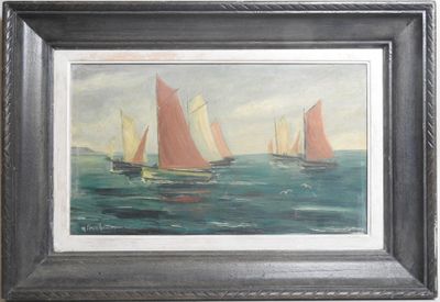 a painting of a group of sailboats in the water