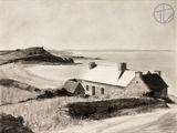 dessin d'une maison située sur une colline surplombant un plan d'eau